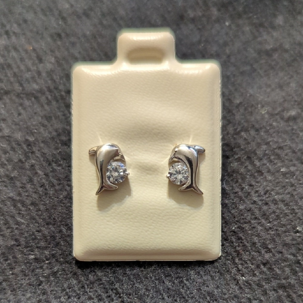 Sterling Silver Clear CZ Dolphin Dainty Delicate Stud Statement Earrings